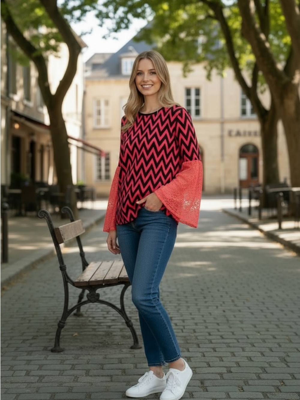 Pink & Black Chevron Flare Sleeve Top Size Large Statement Bell Sleeve Blouse - Picture 2 of 6